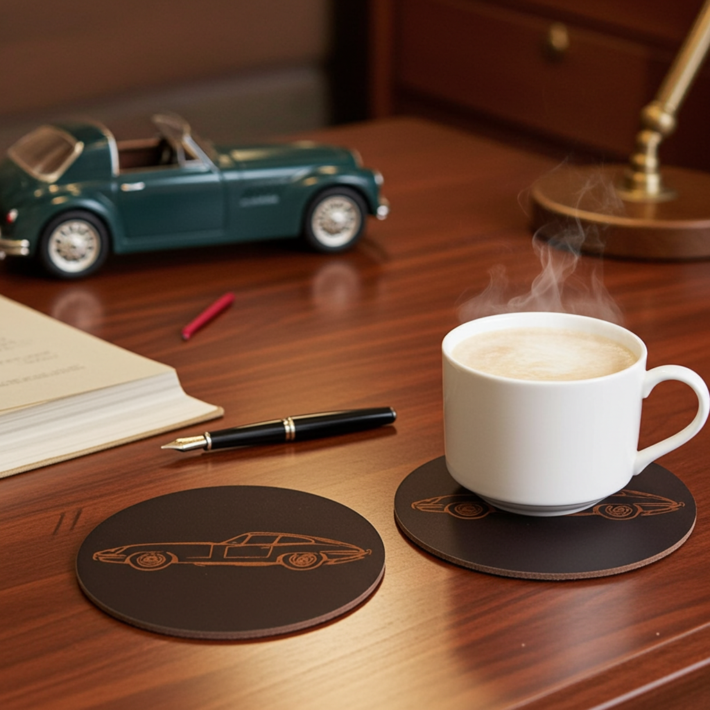 Set of 6 Car Theme Round Wood Drink Coasters. Stylish and made to order. With Bumper Feet