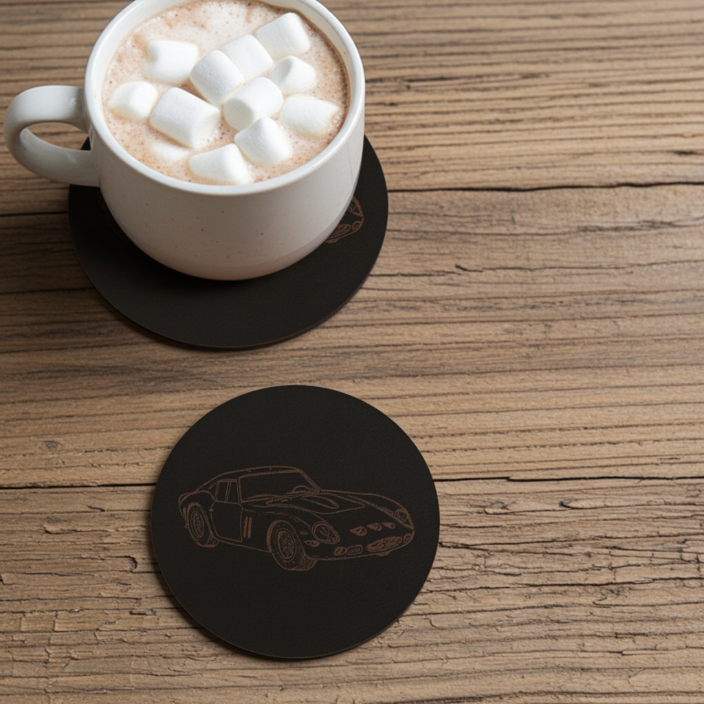 Set of 6 Car Theme Round Wood Drink Coasters. Stylish and made to order. With Bumper Feet