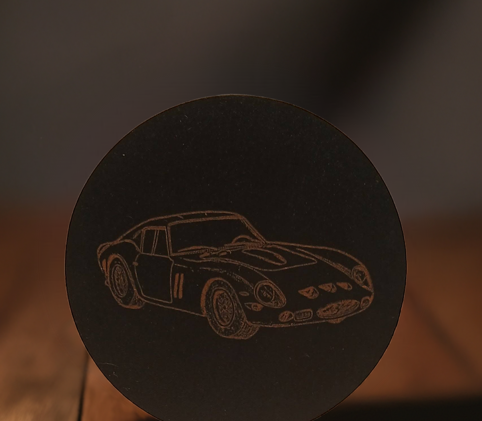 Set of 6 Car Theme Round Wood Drink Coasters. Stylish and made to order. With Bumper Feet