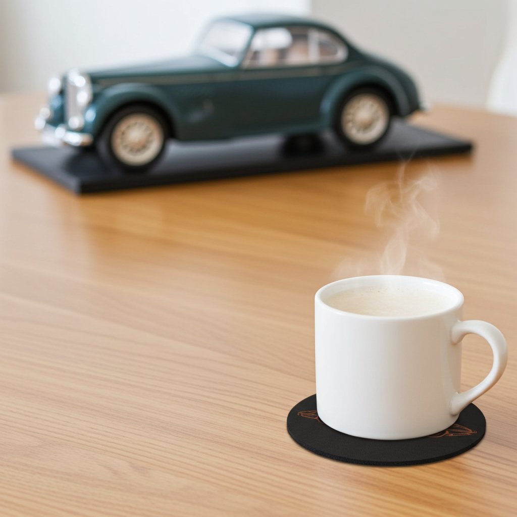 Set of 6 Car Theme Round Wood Drink Coasters. Stylish and made to order. With Bumper Feet