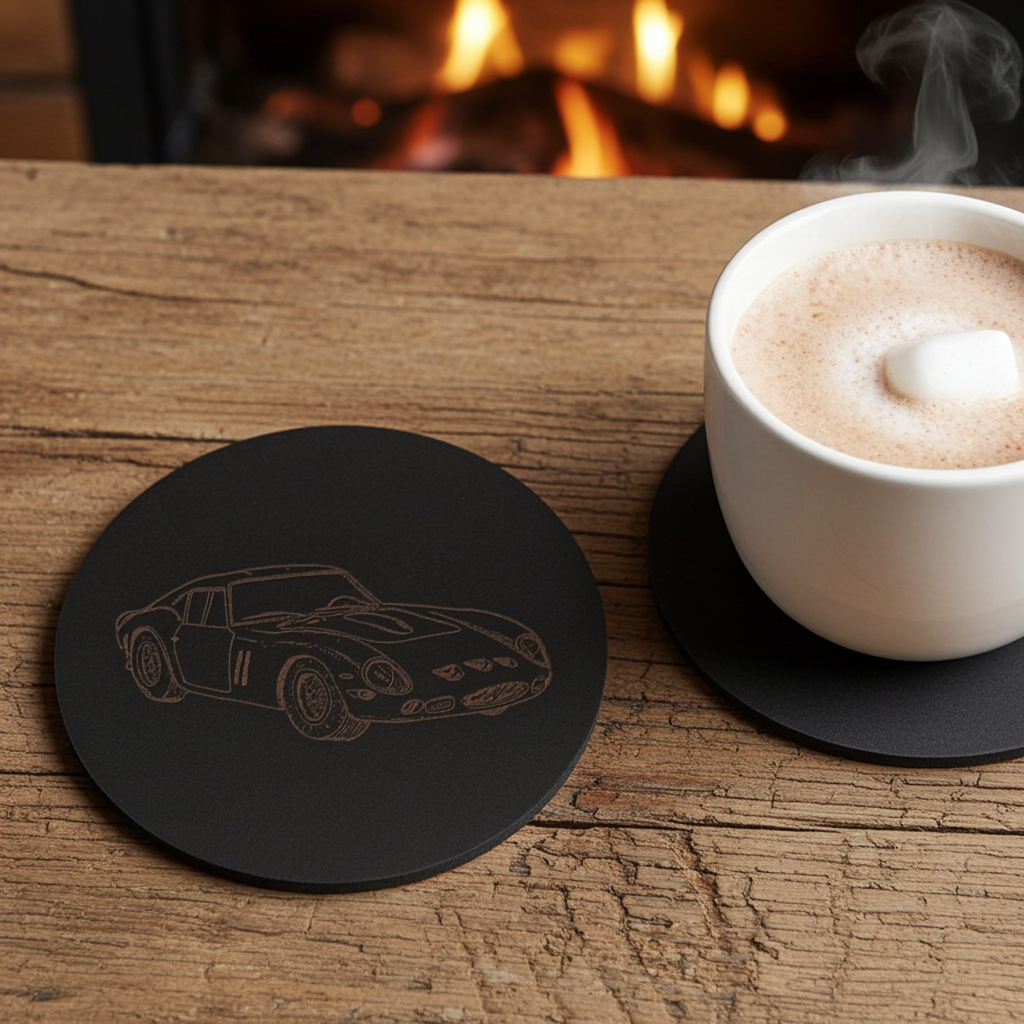 Set of 6 Car Theme Round Wood Drink Coasters. Stylish and made to order. With Bumper Feet