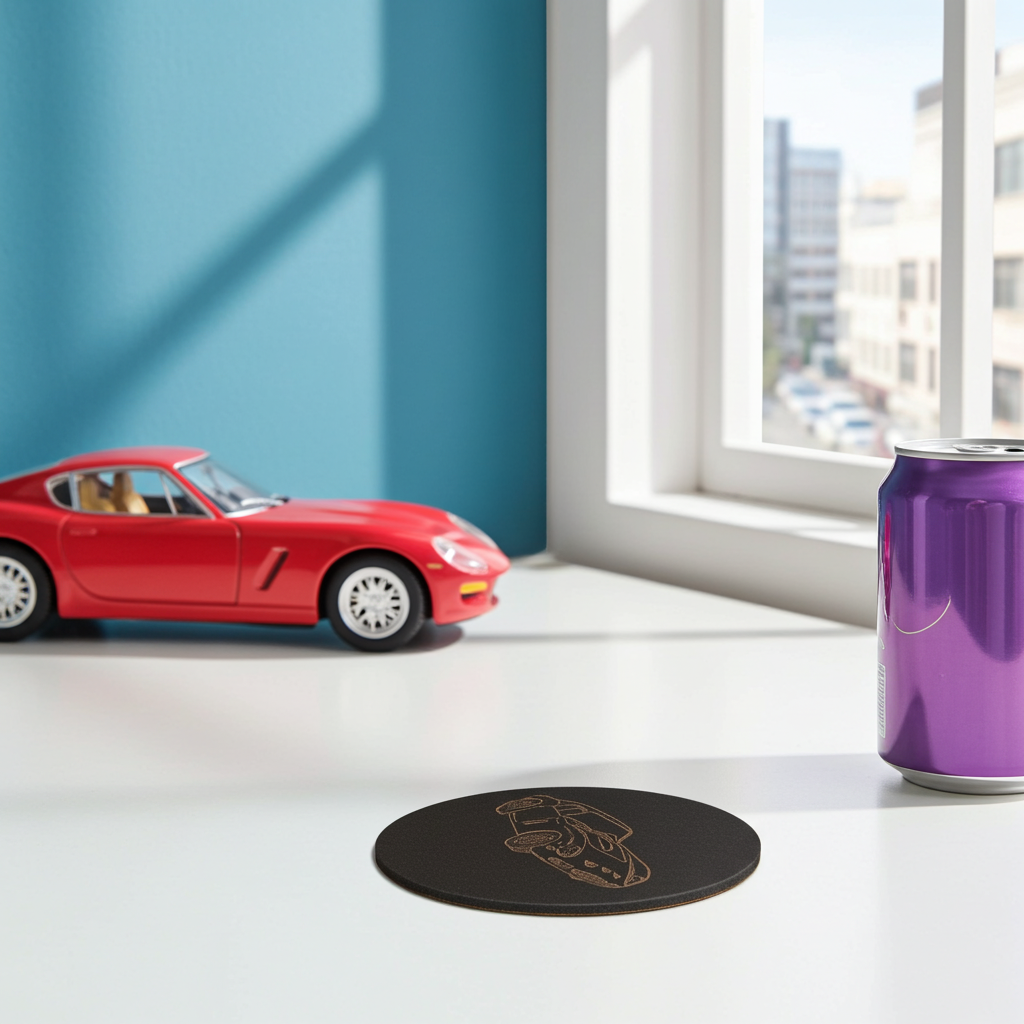 Set of 6 Car Theme Round Wood Drink Coasters. Stylish and made to order. With Bumper Feet