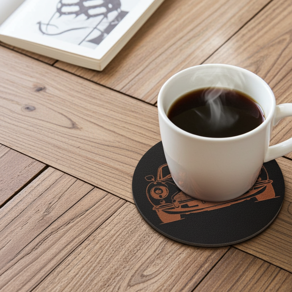 Set of 6 Car Theme Round Wood Drink Coasters. Stylish and made to order. With Bumper Feet