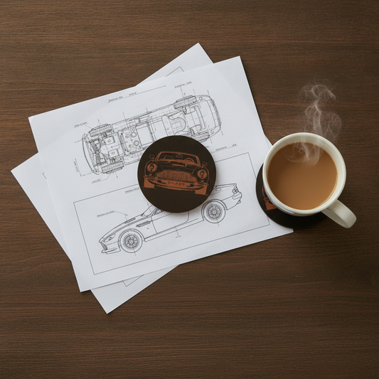 Set of 6 Car Theme Round Wood Drink Coasters. Stylish and made to order. With Bumper Feet.