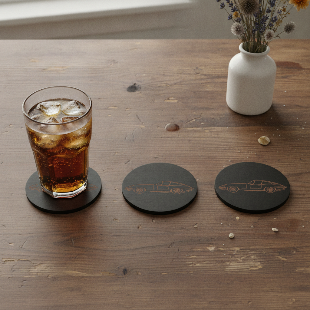 Set of 6 Car Theme Round Wood Drink Coasters. Stylish and made to order. With Bumper Feet.