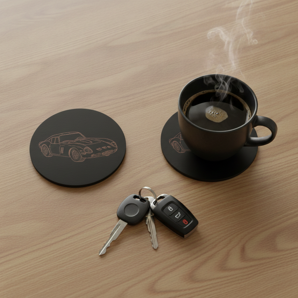 Set of 6 Car Theme Round Wood Drink Coasters. Stylish and made to order. With Bumper Feet.