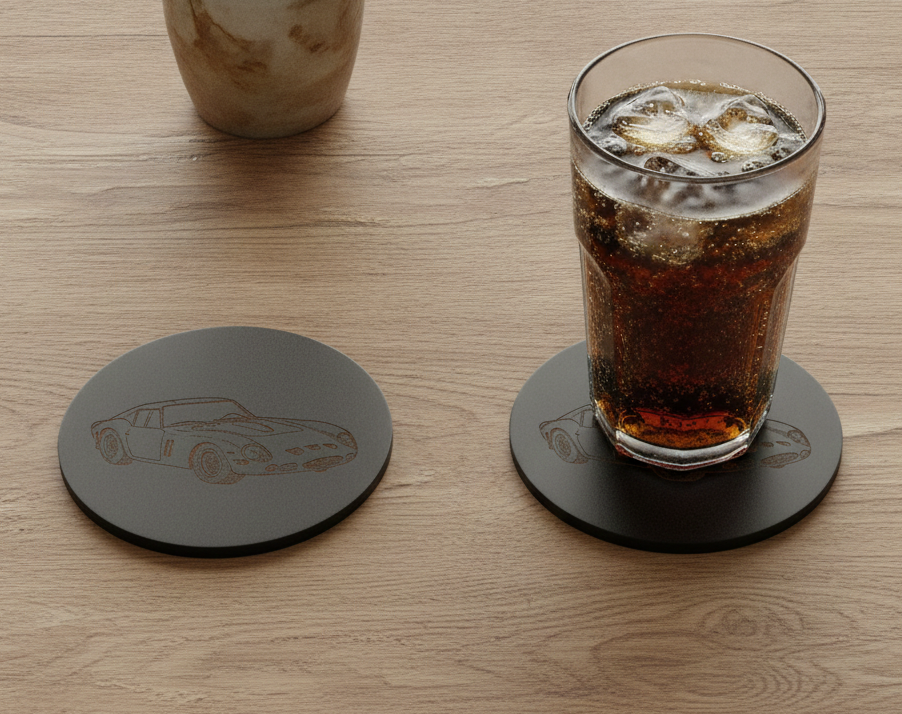 Set of 6 Car Theme Round Wood Drink Coasters. Stylish and made to order. With Bumper Feet.