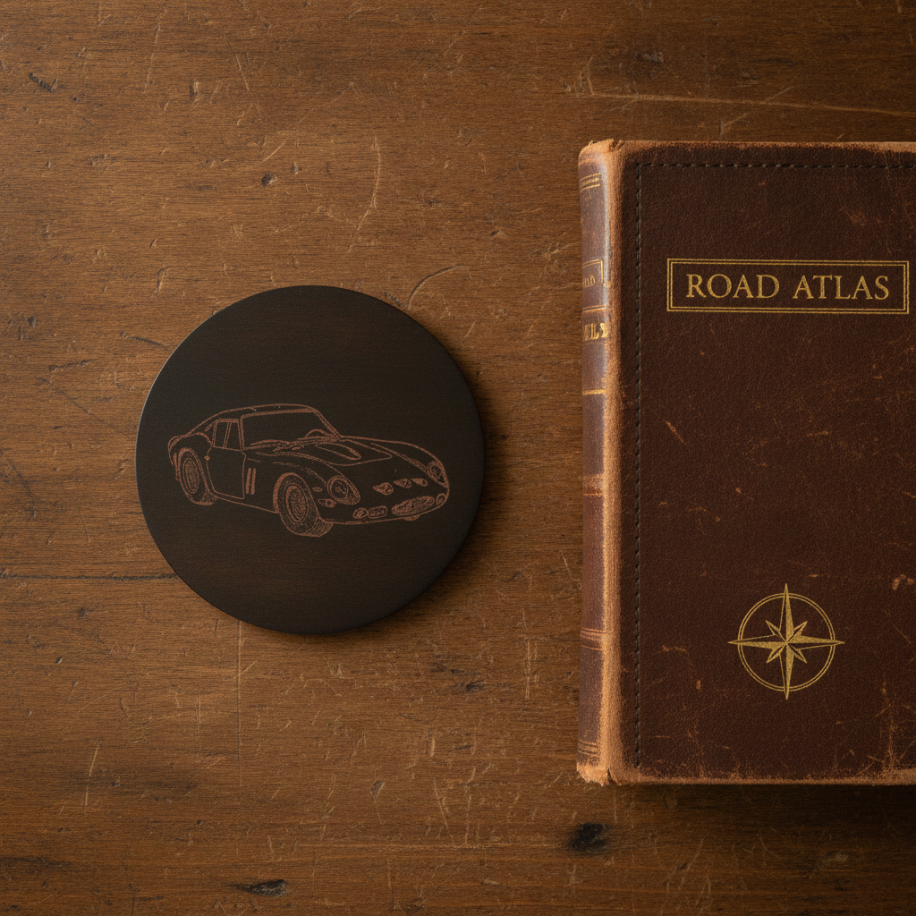 Set of 6 Car Theme Round Wood Drink Coasters. Stylish and made to order. With Bumper Feet.