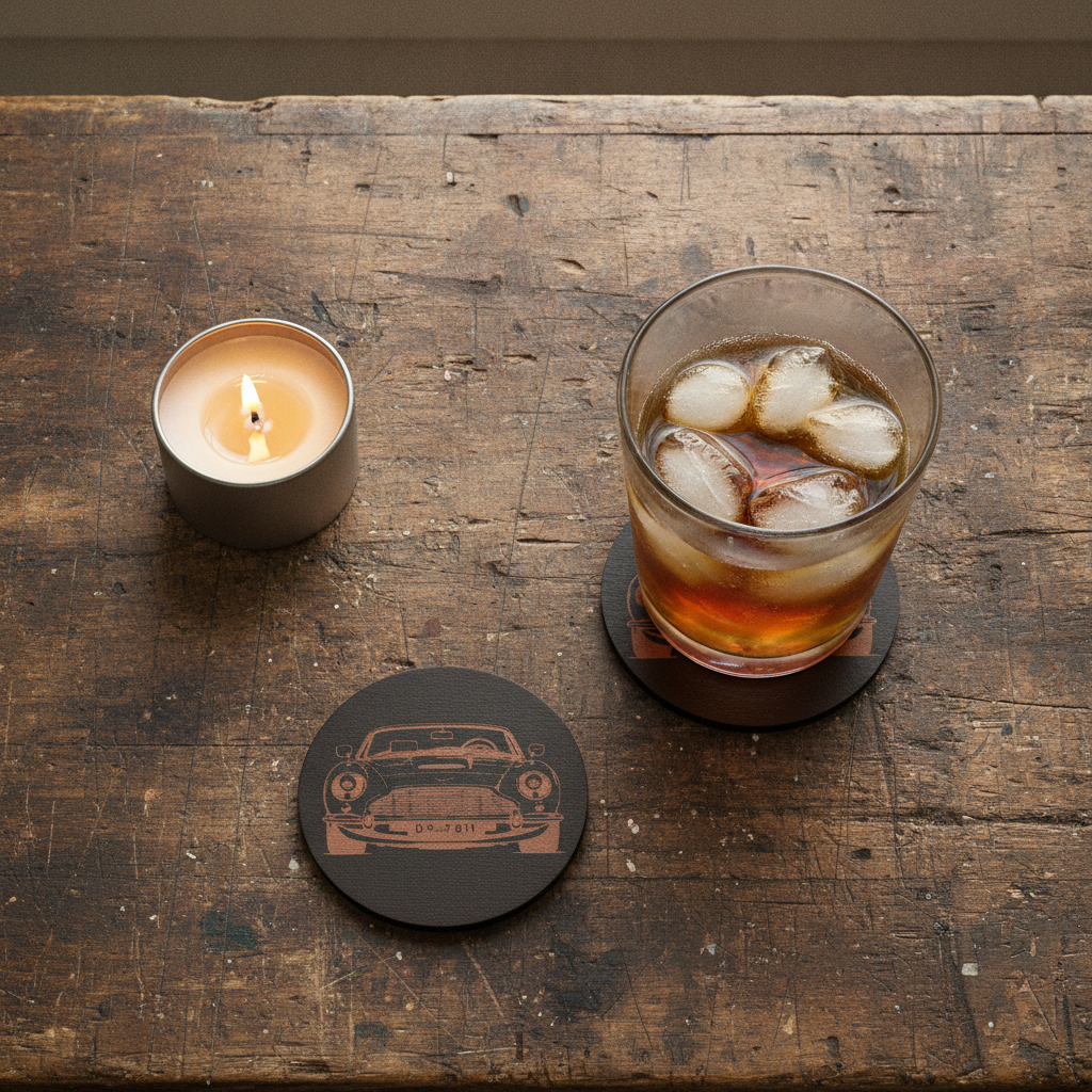 Set of 6 Car Theme Round Wood Drink Coasters. Stylish and made to order. With Bumper Feet.