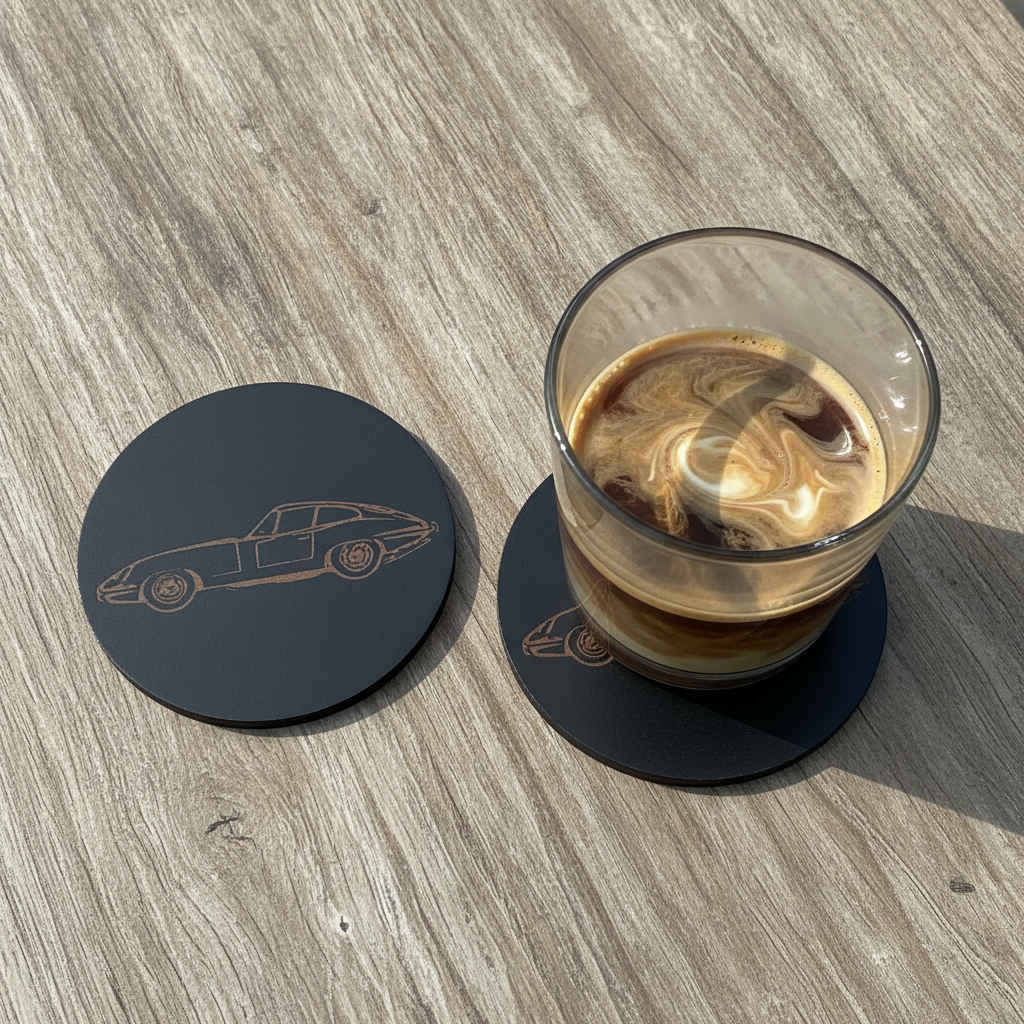 Set of 6 Car Theme Round Wood Drink Coasters. Stylish and made to order. With Bumper Feet.