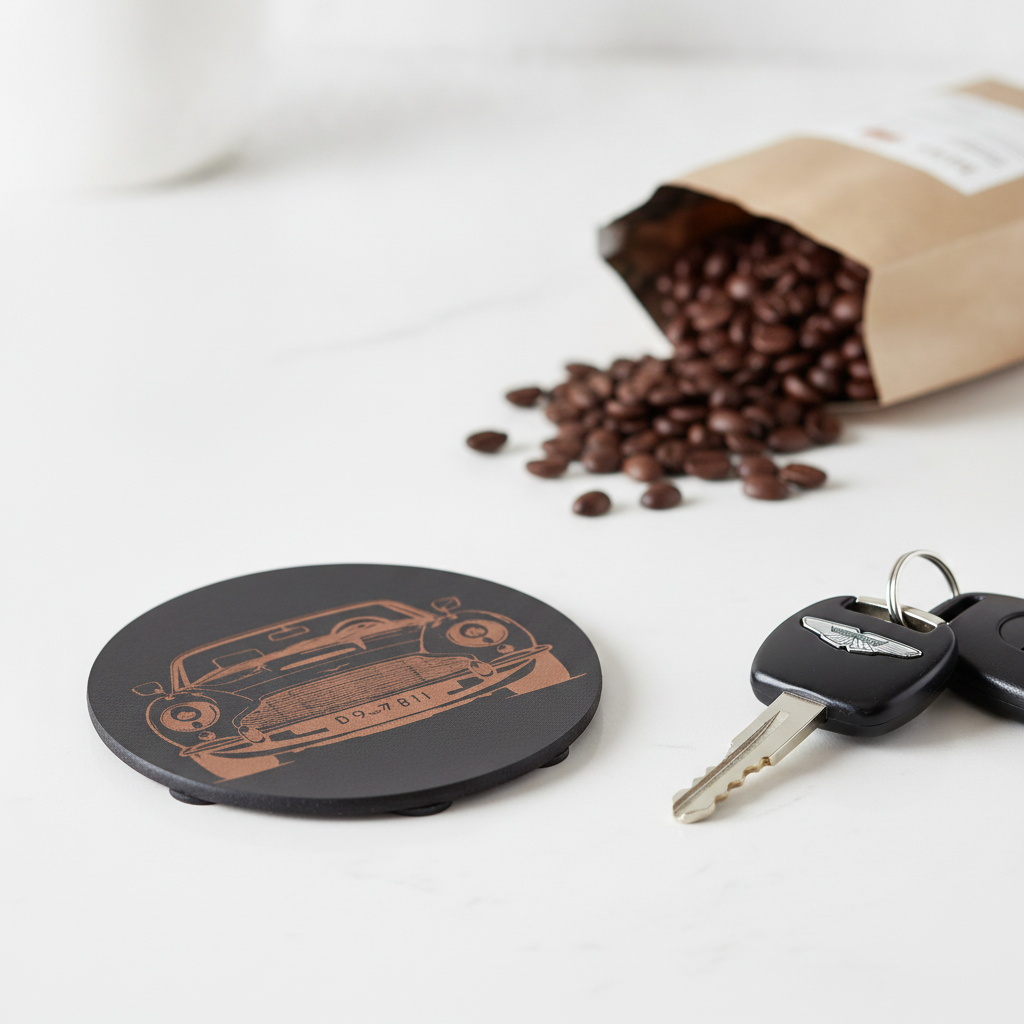 Set of 6 Car Theme Round Wood Drink Coasters. Stylish and made to order. With Bumper Feet.