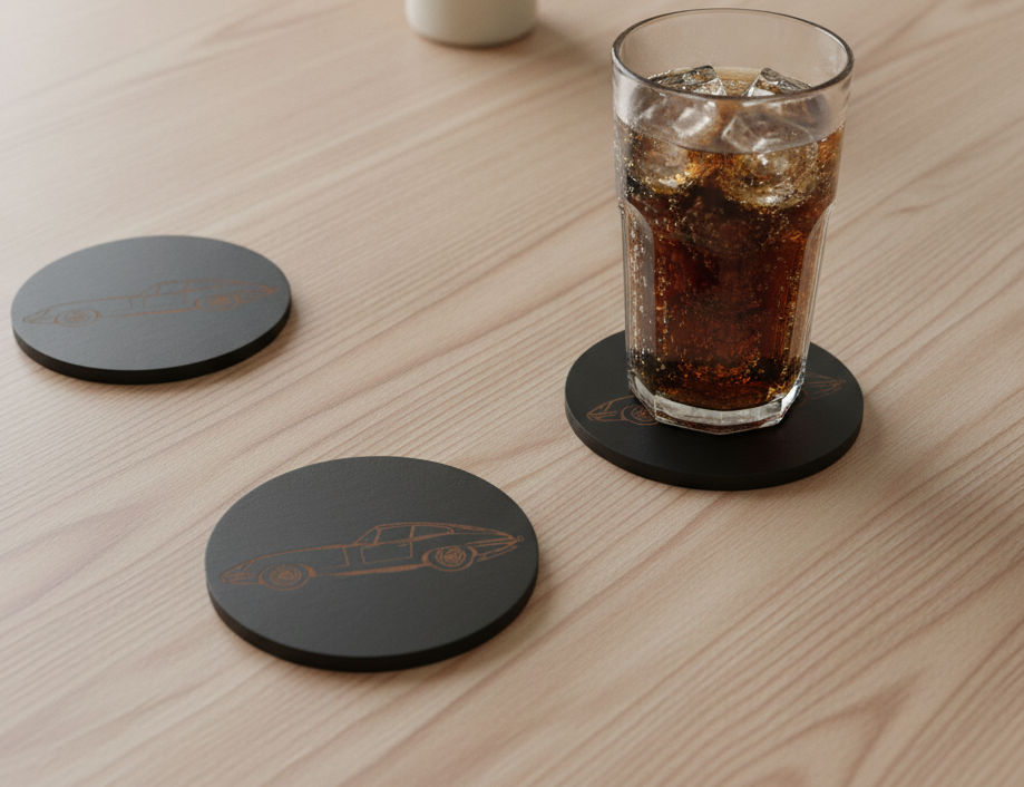 Set of 6 Car Theme Round Wood Drink Coasters. Stylish and made to order. With Bumper Feet.