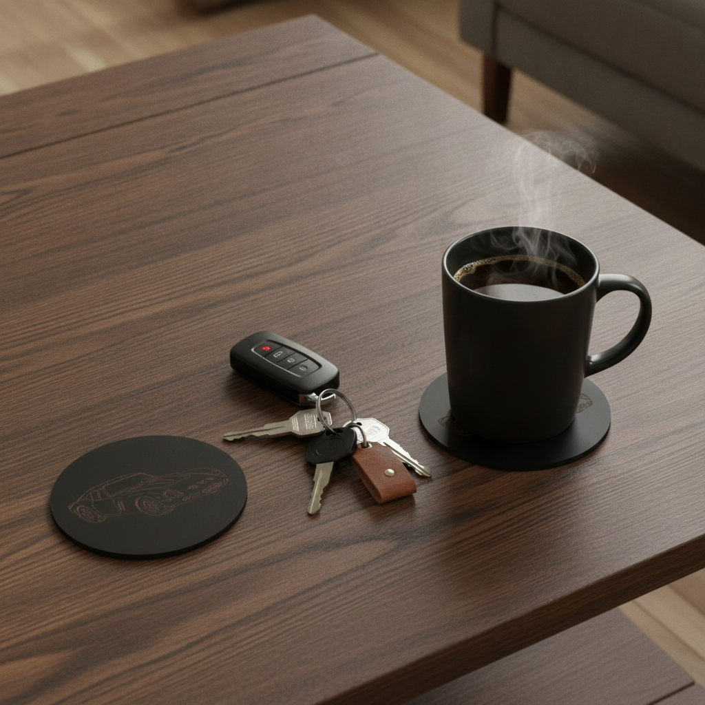Set of 6 Car Theme Round Wood Drink Coasters. Stylish and made to order. With Bumper Feet.