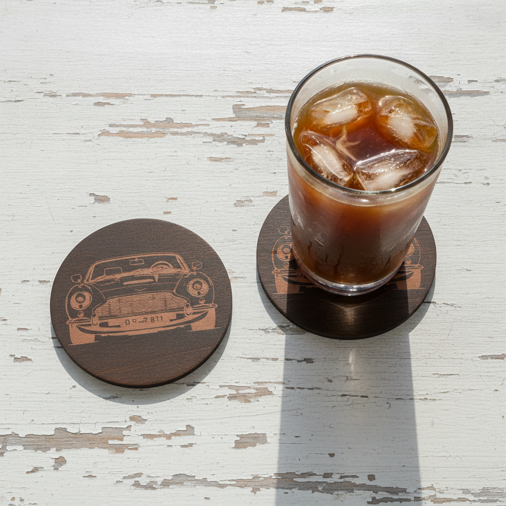 Set of 6 Car Theme Round Wood Drink Coasters. Stylish and made to order. With Bumper Feet.