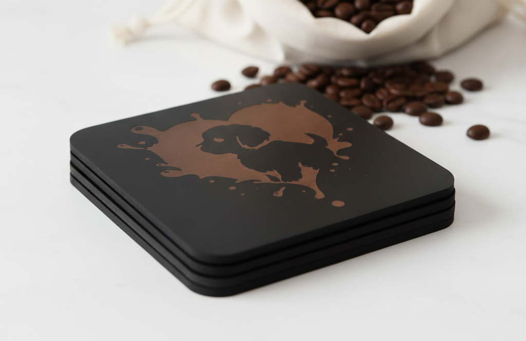 Set of 6 Dog Themed Drink Coasters . 9.5cm X 9.5cm, Bumper Feet. ( 3 designs).