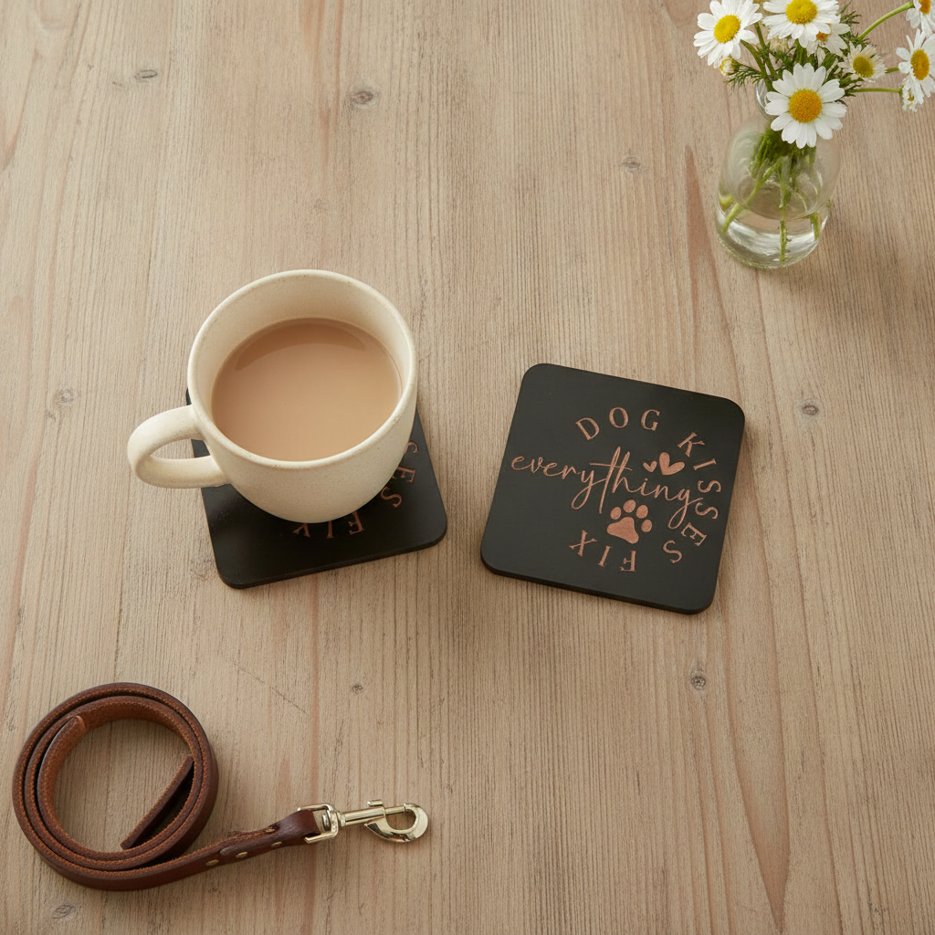 Set of 6 Dog Themed Drink Coasters . 9.5cm X 9.5cm, Bumper Feet. ( 3 designs).