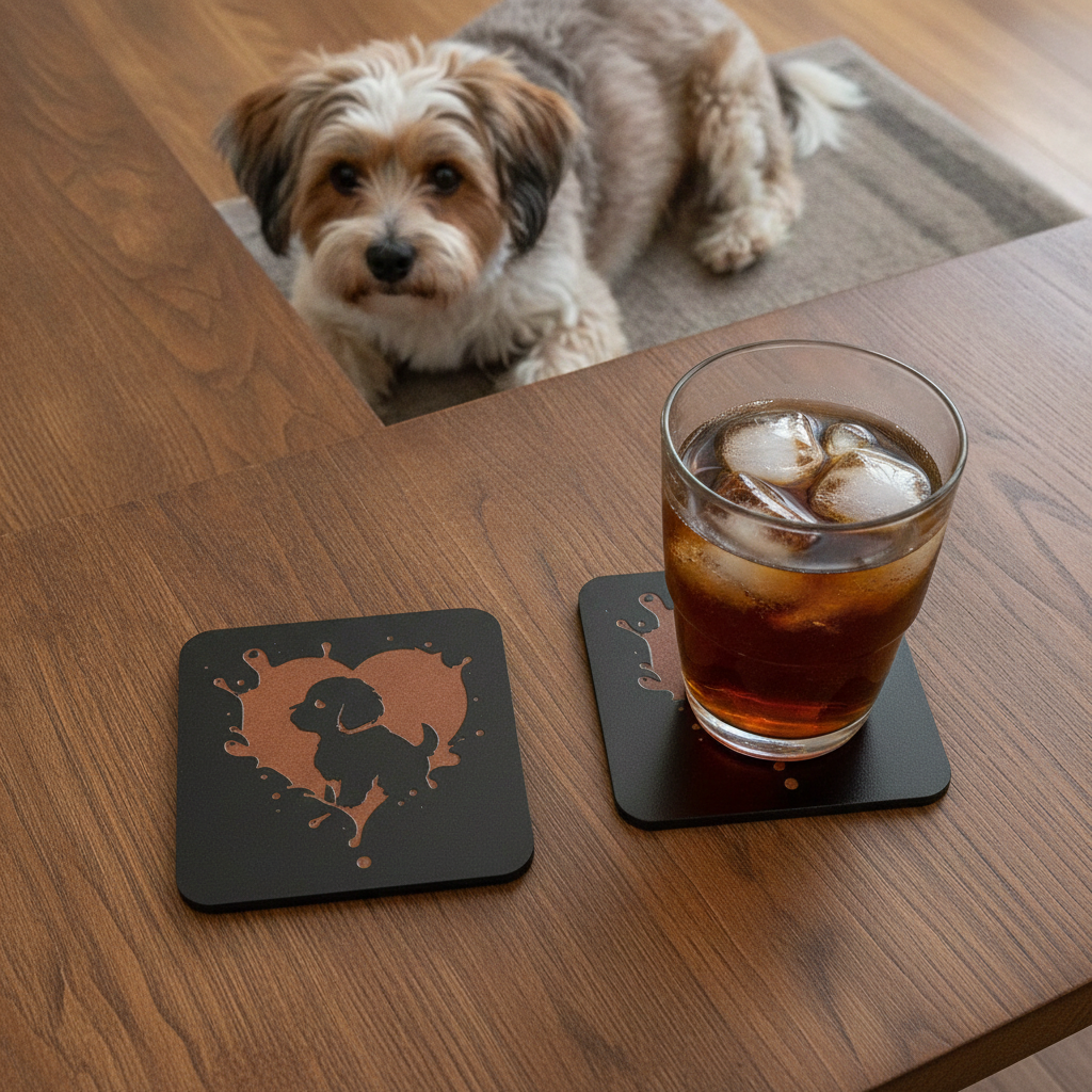 Set of 6 Dog Themed Drink Coasters . 9.5cm X 9.5cm, Bumper Feet. ( 3 designs).