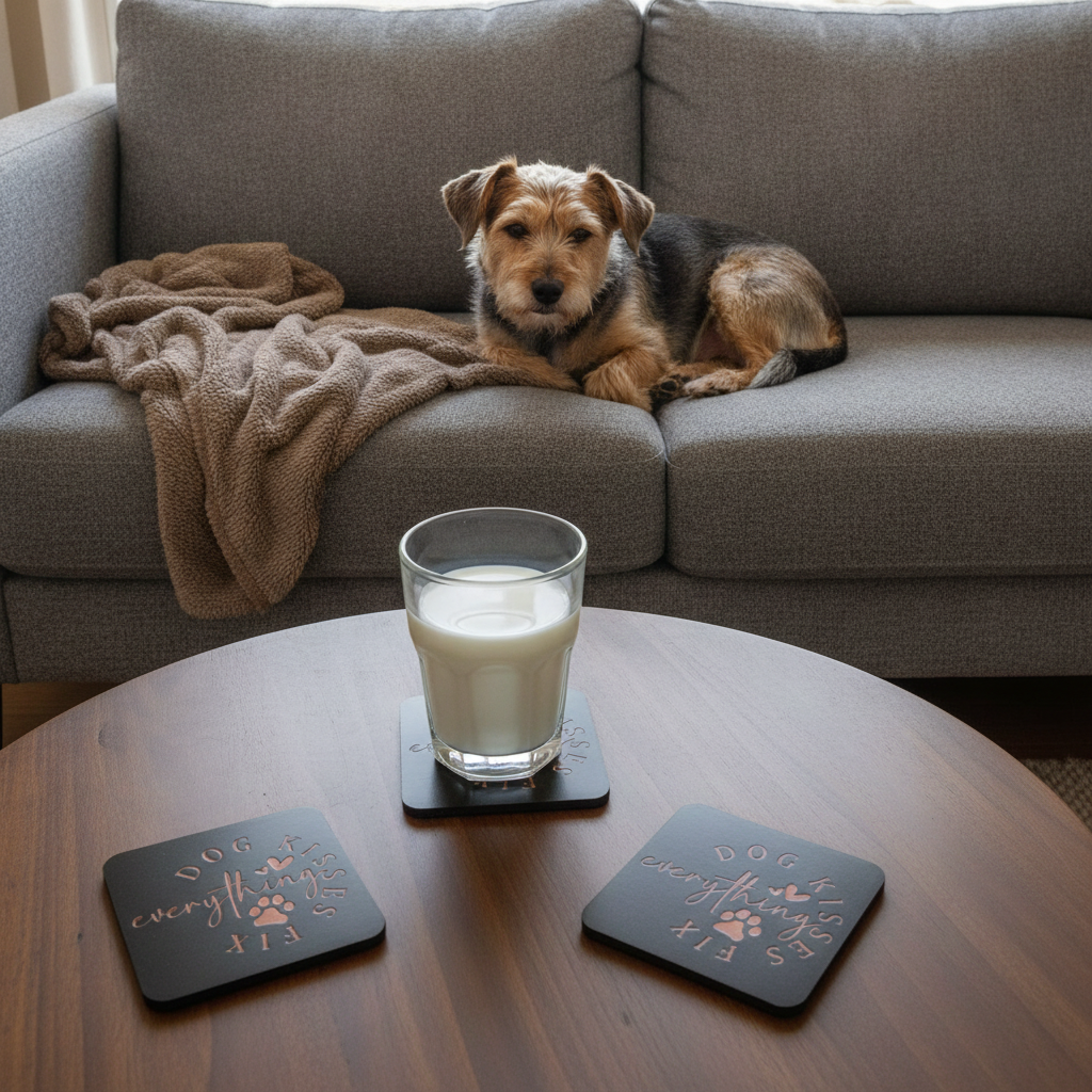 Set of 6 Dog Themed Drink Coasters . 9.5cm X 9.5cm, Bumper Feet. ( 3 designs).