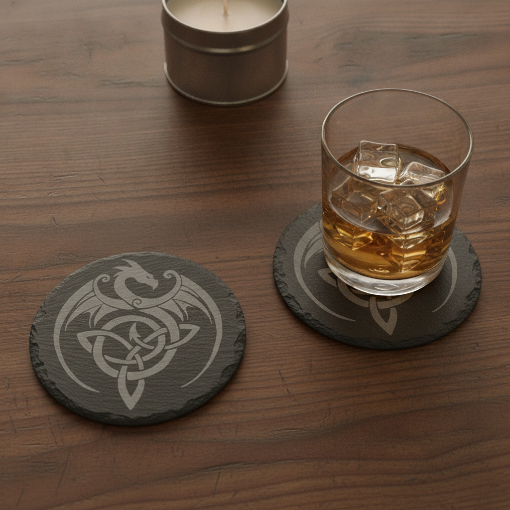 Set of 6, Mythical Dragon Engraved Slate Coasters. 10cm Diameter with Bumper Feet.