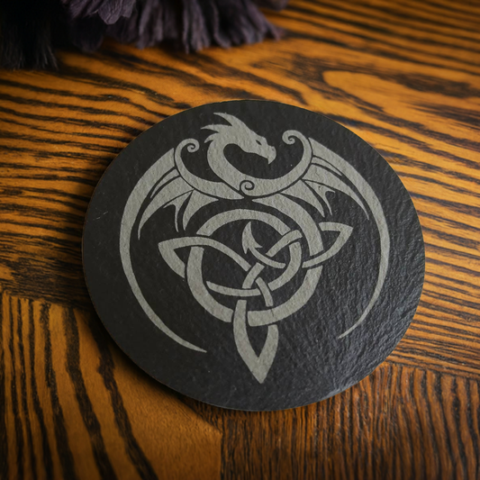 Set of 6 Dragon Themed Coasters Natural Slate, Anti-Skid Feet. 10cm.
