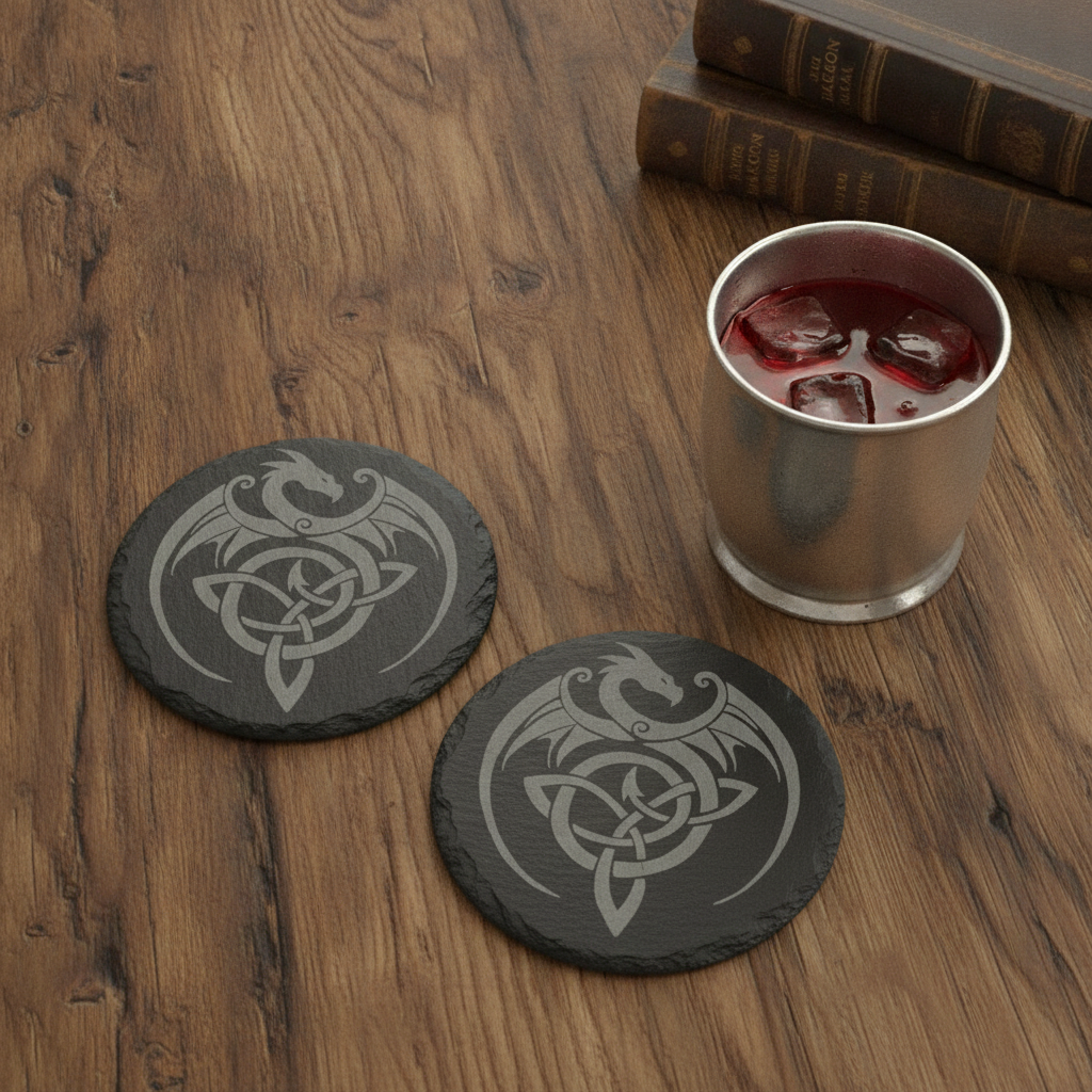Set of 6, Mythical Dragon Engraved Slate Coasters. 10cm Diameter with Bumper Feet.
