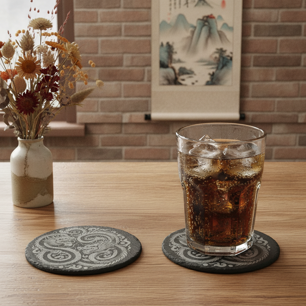 Set of 6, Mythical Dragon Engraved Slate Coasters. 10cm Diameter with Bumper Feet.