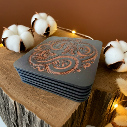 Set of 6 Dragon Wooden Coasters. Highly Decorative and Detailed Engravings