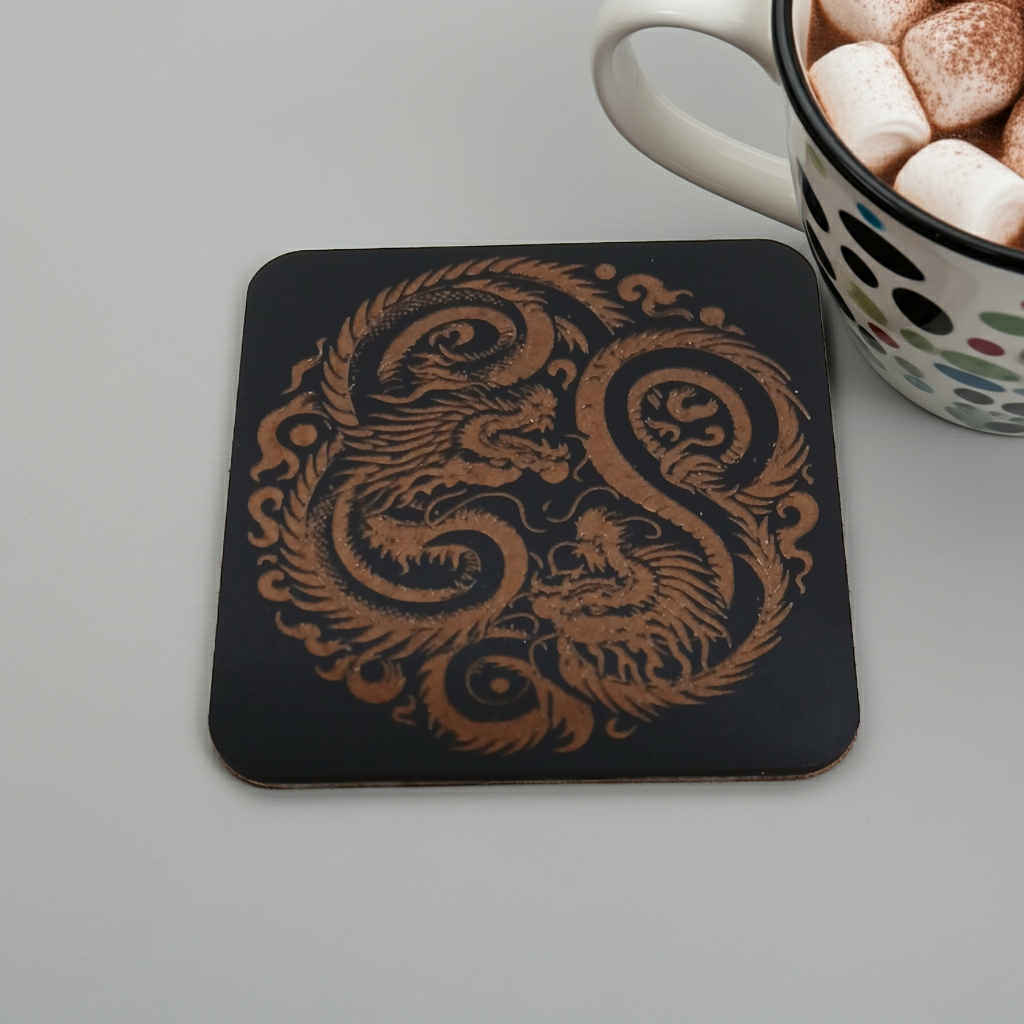 Set of 6 Dragon Wooden Coasters. Highly Decorative and Detailed Engravings, with bumper feet.