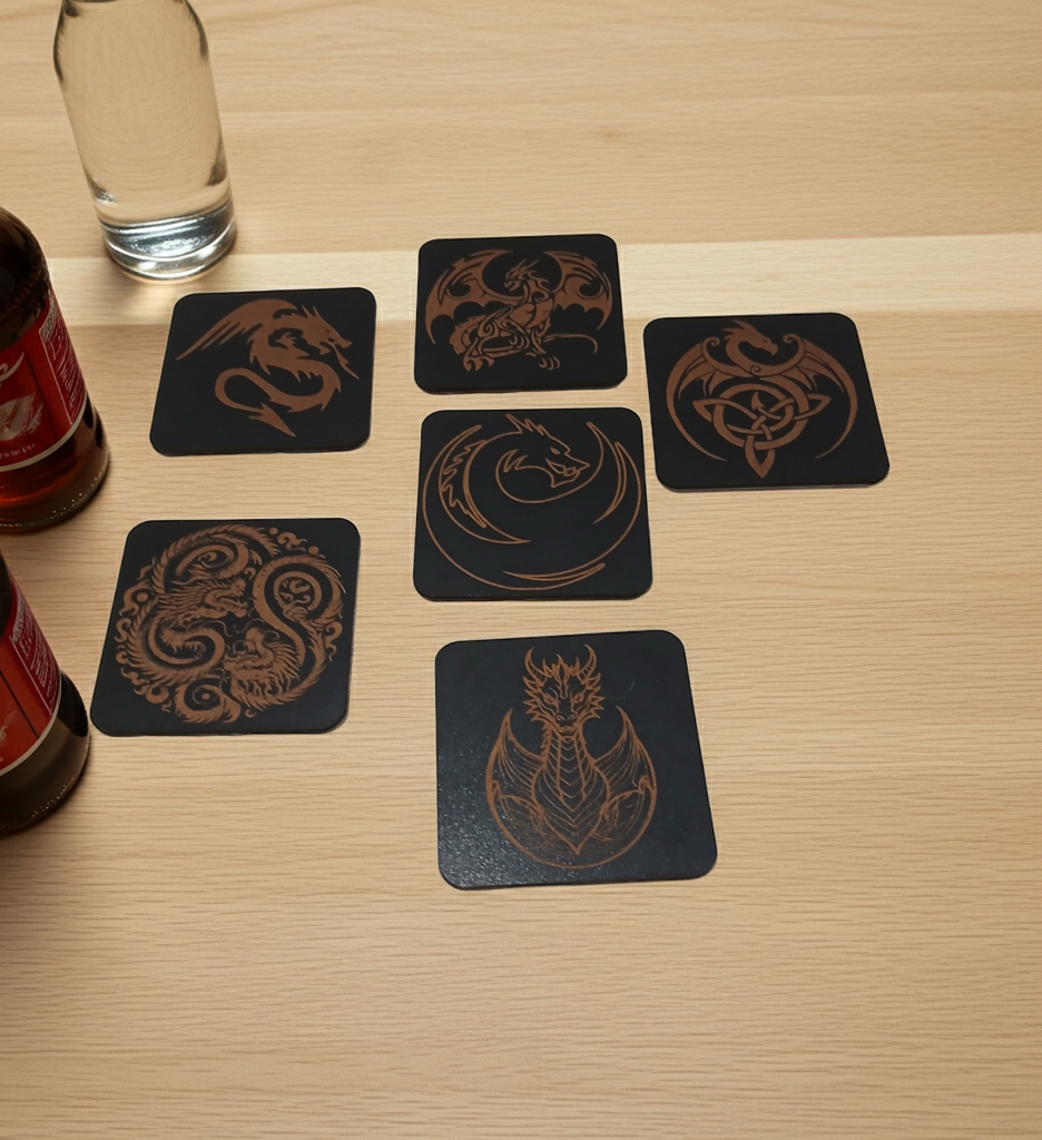 Set of 6 Dragon Wooden Coasters. Highly Decorative and Detailed Engravings, with bumper feet.
