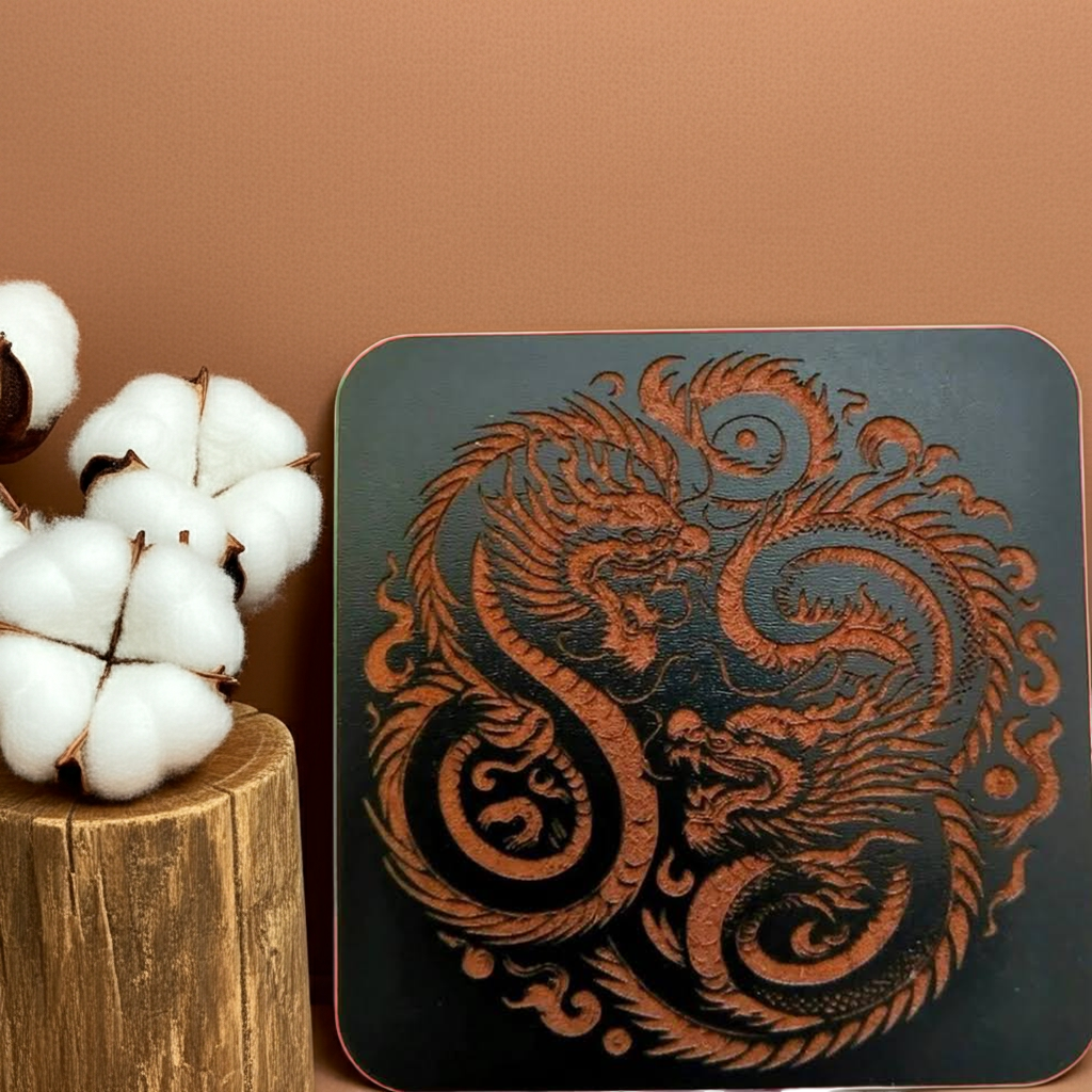 Set of 6 Dragon Wooden Coasters. Highly Decorative and Detailed Engravings