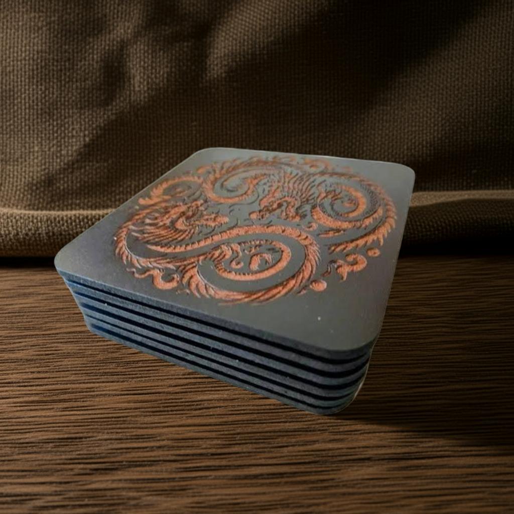 Set of 6 Dragon Wooden Coasters. Highly Decorative and Detailed Engravings