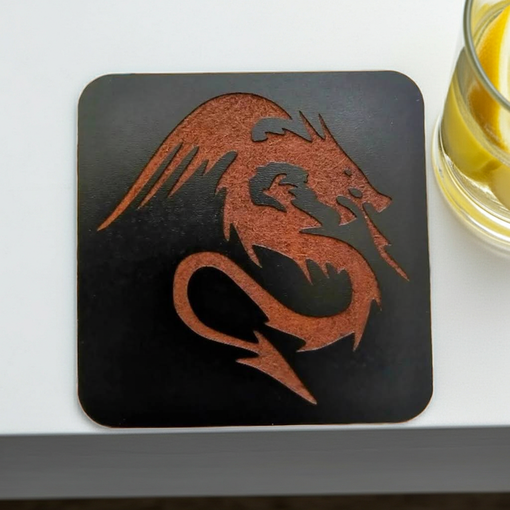 Set of 6 Dragon Wooden Coasters. Highly Decorative and Detailed Engravings, with bumper feet.