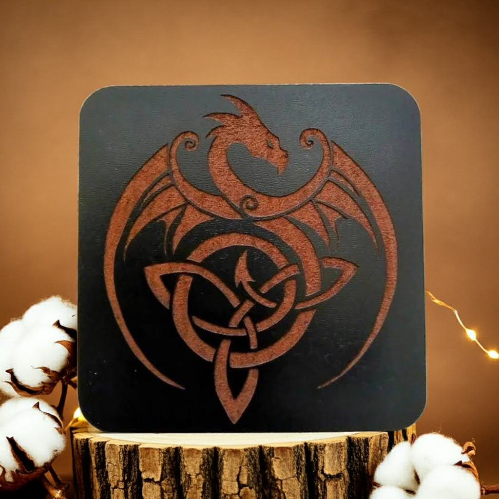 Set of 6 Dragon Wooden Coasters. Highly Decorative and Detailed Engravings