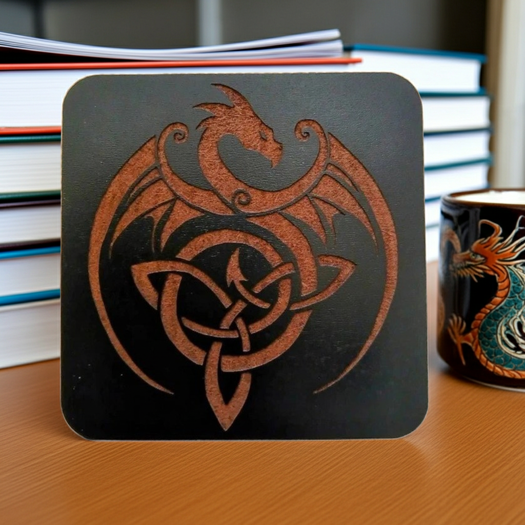 Set of 6 Dragon Wooden Coasters. Highly Decorative and Detailed Engravings, with bumper feet.