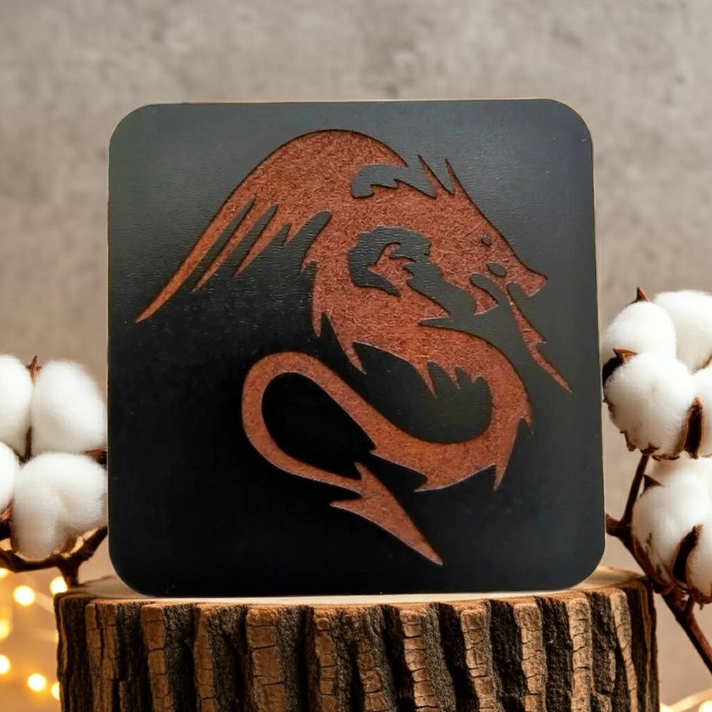 Set of 6 Dragon Wooden Coasters. Highly Decorative and Detailed Engravings