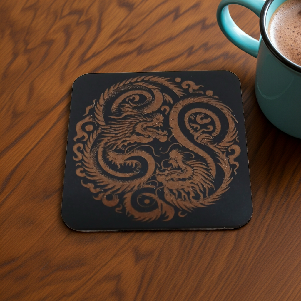Set of 6 Dragon Wooden Coasters. Highly Decorative and Detailed Engravings, with bumper feet.