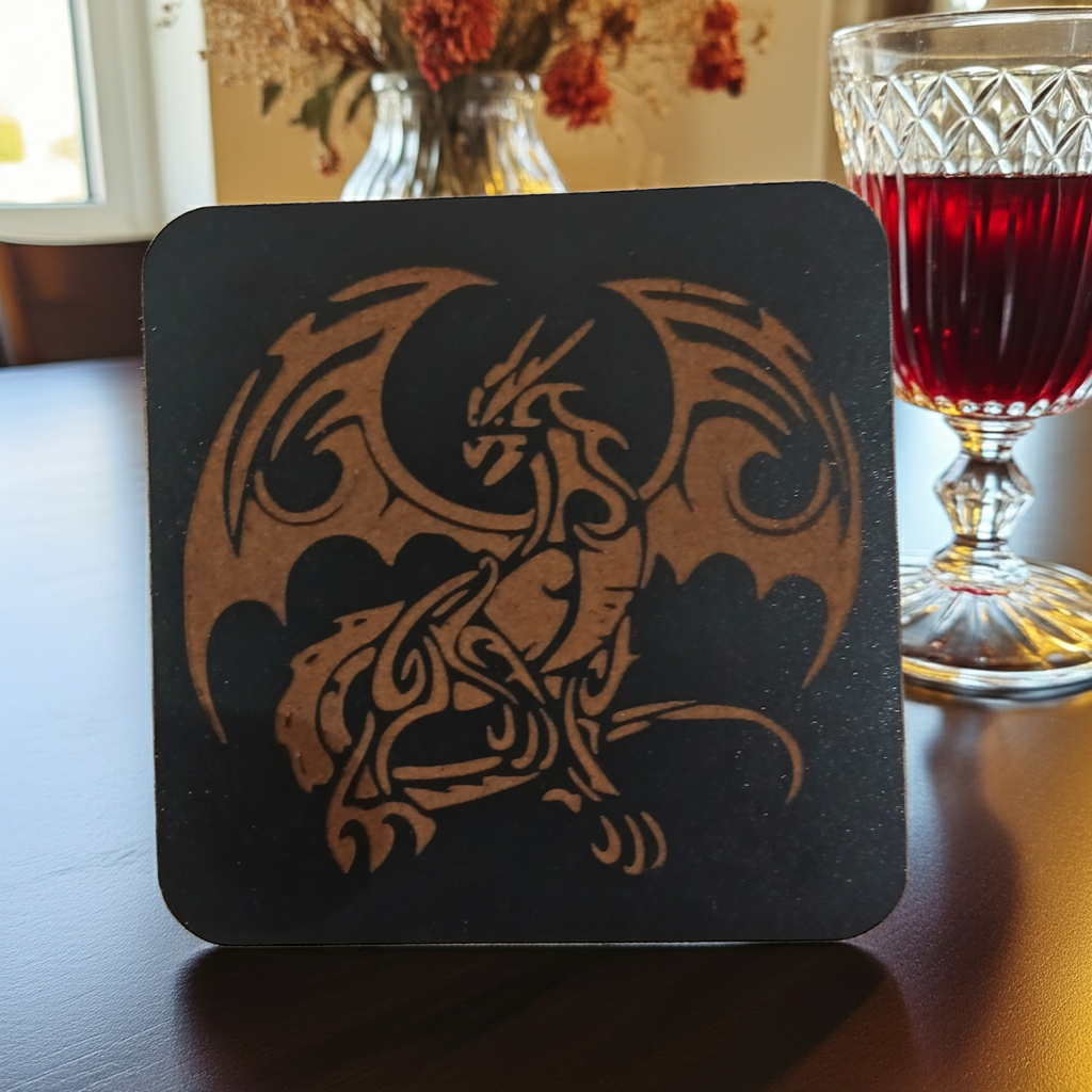 Set of 6 Dragon Wooden Coasters. Highly Decorative and Detailed Engravings, with bumper feet.