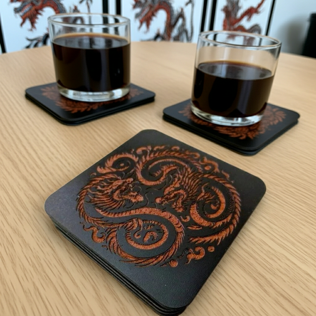 Set of 6 Dragon Wooden Coasters. Highly Decorative and Detailed Engravings, with bumper feet.