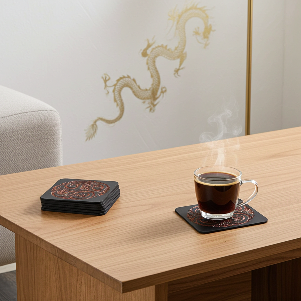 Set of 6 Dragon Wooden Coasters. Highly Decorative and Detailed Engravings, with bumper feet.