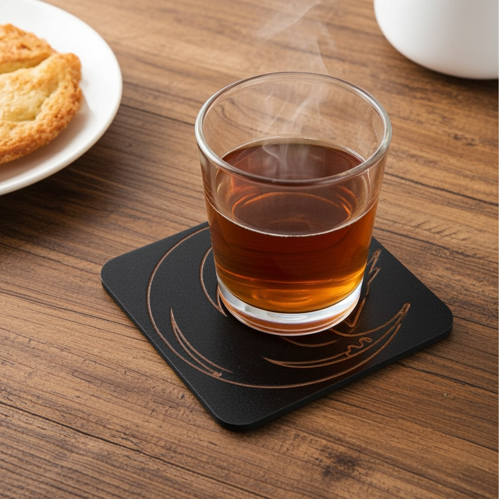 Set of 6 Dragon Wooden Coasters. Highly Decorative and Detailed Engravings, with bumper feet.