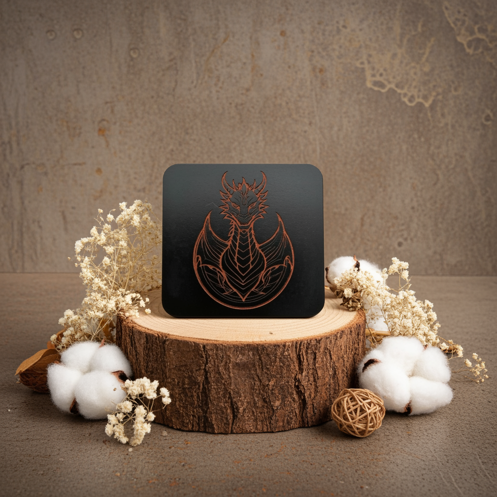 Set of 6 Dragon Wooden Coasters. Highly Decorative and Detailed Engravings