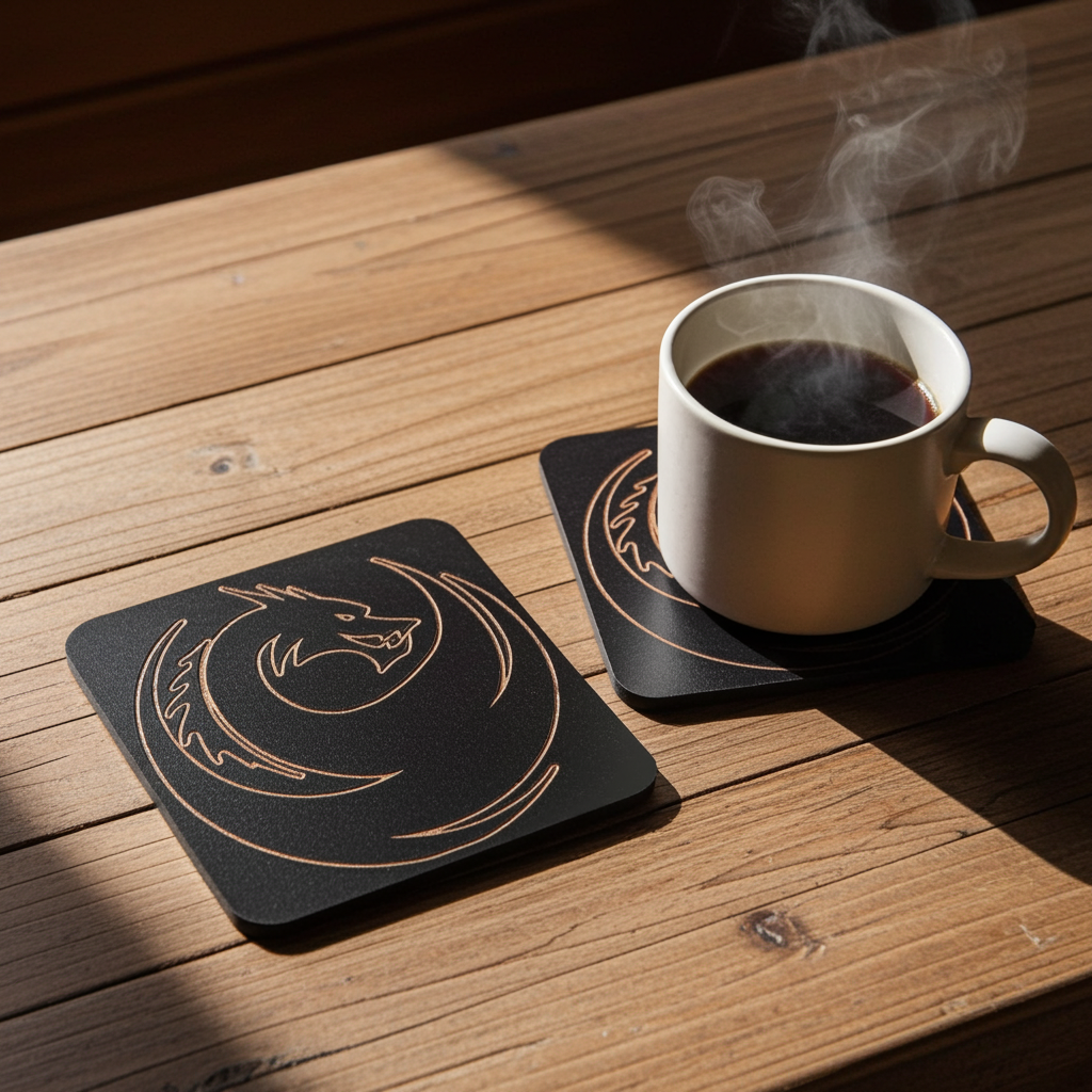 Set of 6 Dragon Wooden Coasters. Highly Decorative and Detailed Engravings, with bumper feet.