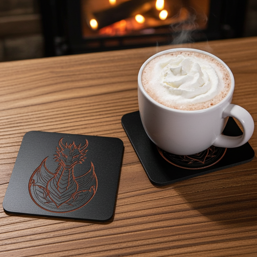 Set of 6 Dragon Wooden Coasters. Highly Decorative and Detailed Engravings, with bumper feet.