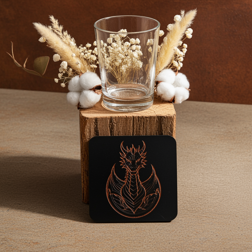 Set of 6 Dragon Wooden Coasters. Highly Decorative and Detailed Engravings