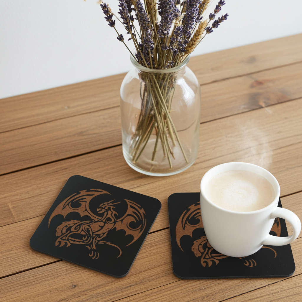 Set of 6 Dragon Wooden Coasters. Highly Decorative and Detailed Engravings, with bumper feet.