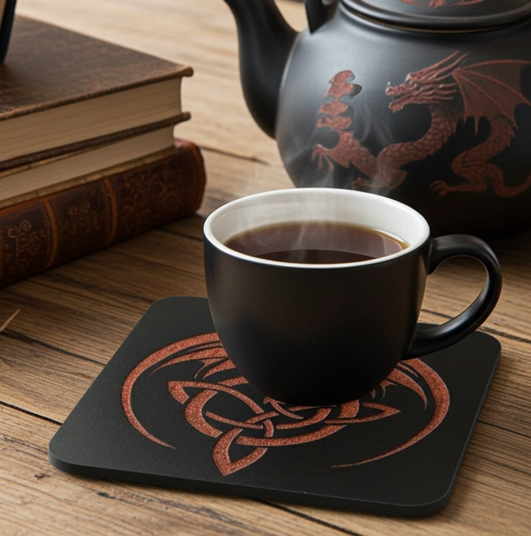 Set of 6 Dragon Wooden Coasters. Highly Decorative and Detailed Engravings, with bumper feet.