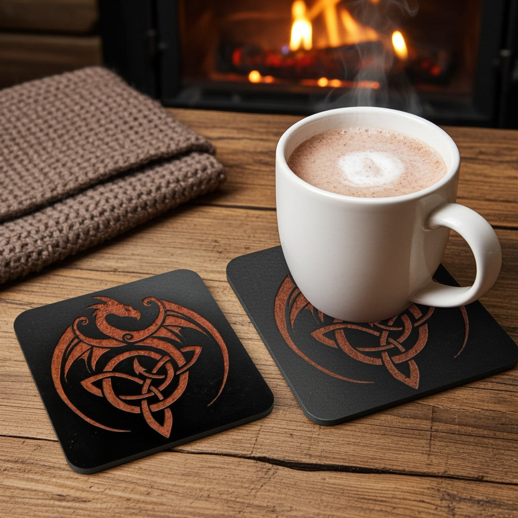 Set of 6 Dragon Wooden Coasters. Highly Decorative and Detailed Engravings, with bumper feet.