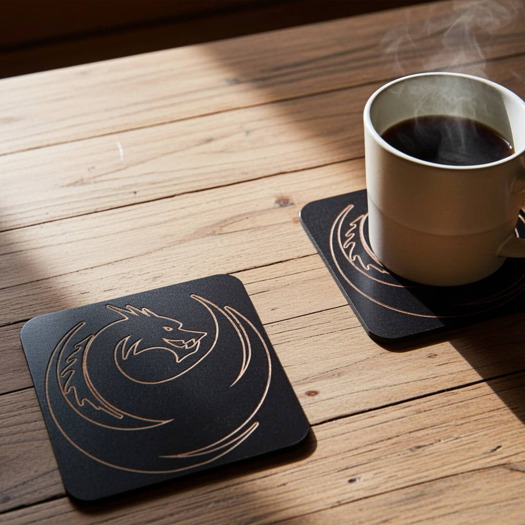 Set of 6 Dragon Wooden Coasters. Highly Decorative and Detailed Engravings, with bumper feet.