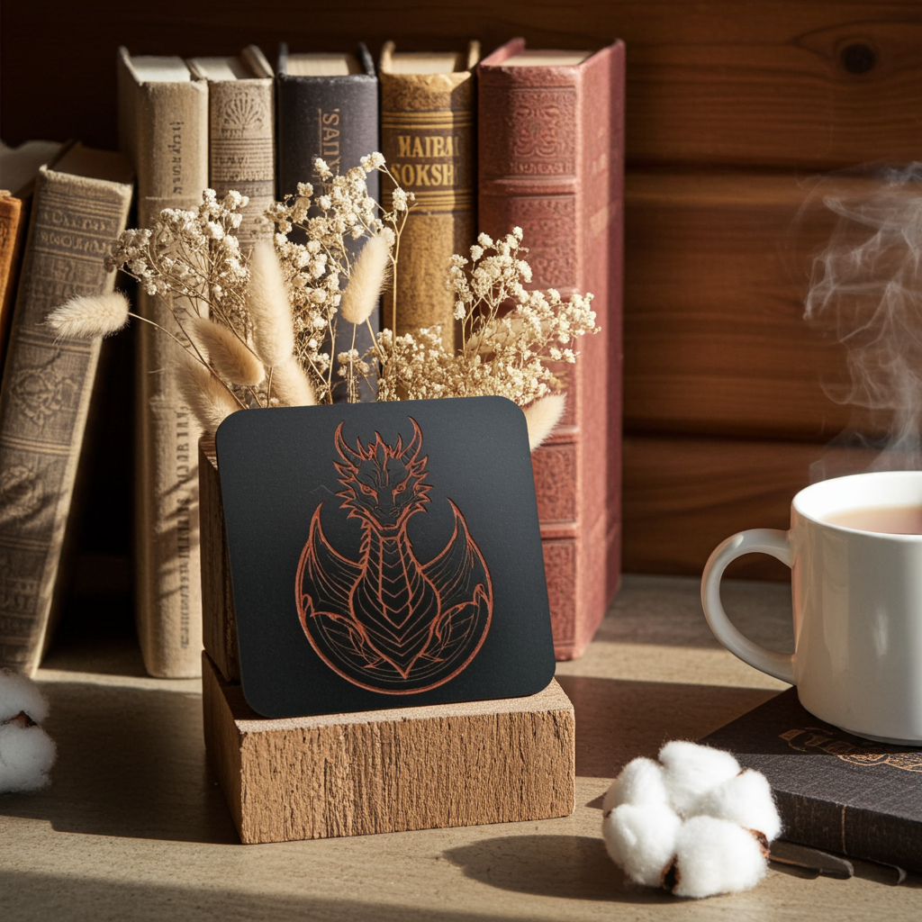 Set of 6 Dragon Wooden Coasters. Highly Decorative and Detailed Engravings