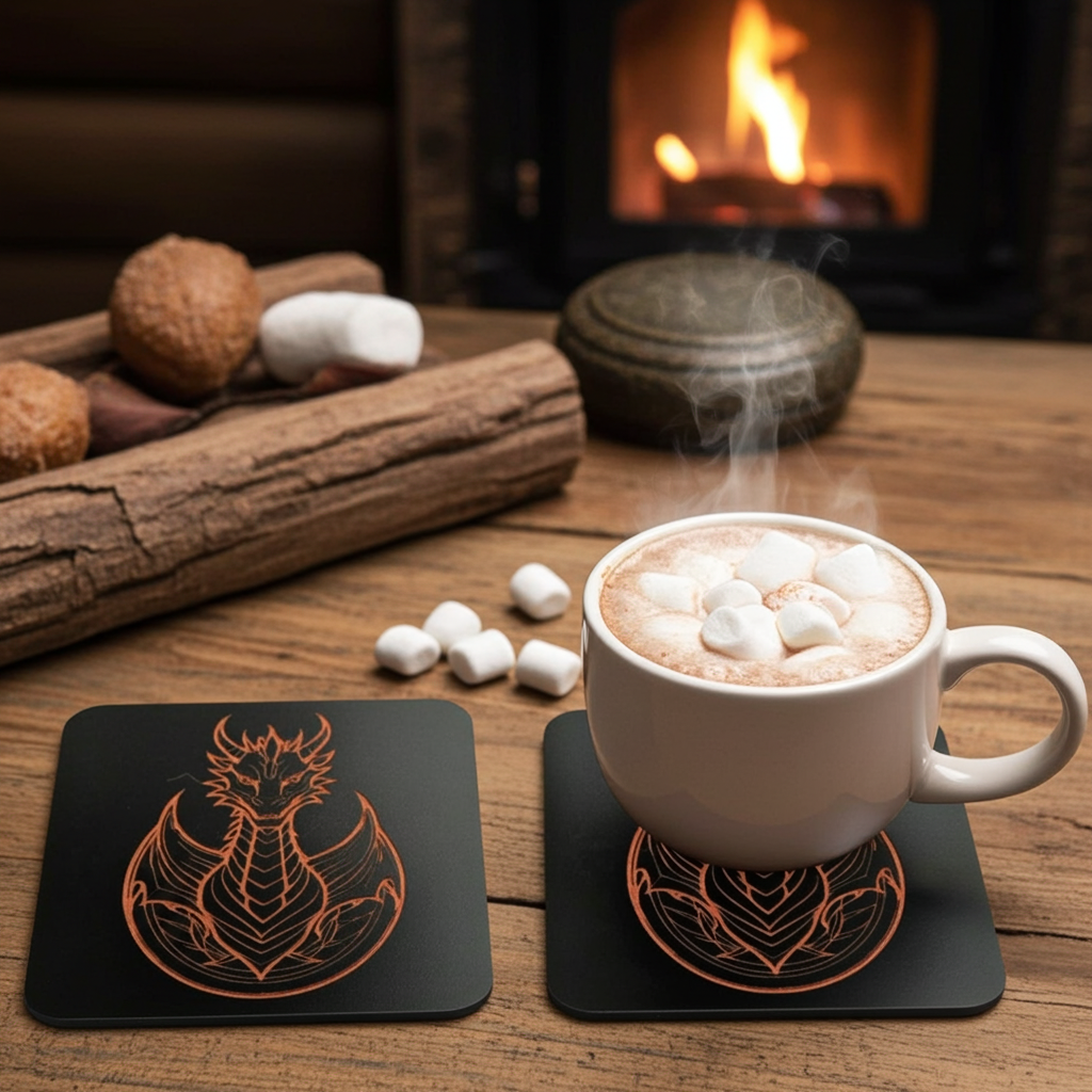 Set of 6 Dragon Wooden Coasters. Highly Decorative and Detailed Engravings, with bumper feet.